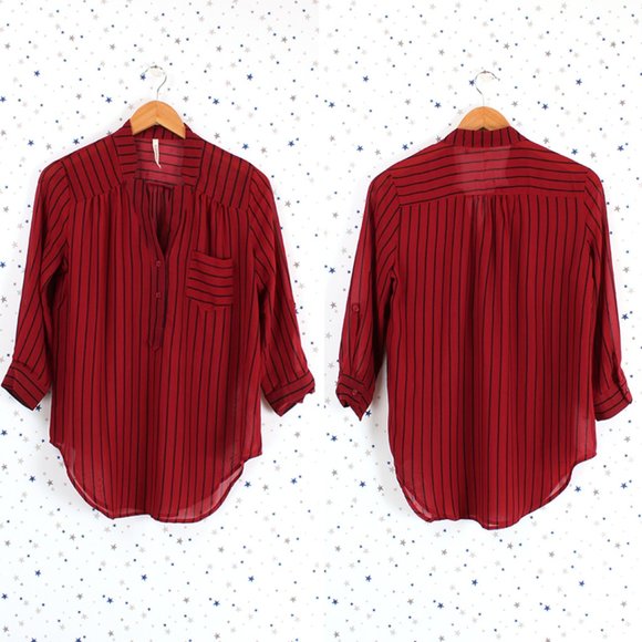 3/4 Sleeve Sheer Stripe Blouse Top Burgundy - Picture 1 of 7